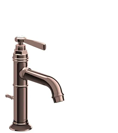Waschtischmischer in Rotgold von AXOR mit Hebelgriff und seitlichem Zugstangen-Ablauf. Das Design zeigt eine schlichte, moderne Form.